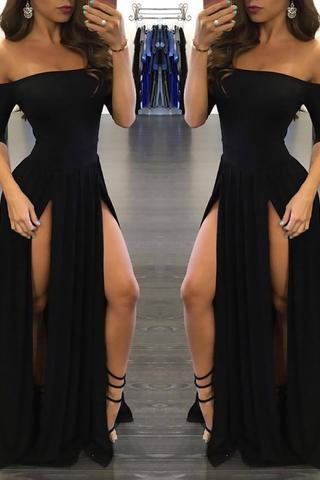Sexy Black Long Off-the-Shoulder A-Line Half Sleeve Scoop Sexy Slit Prom Dresses WK790
