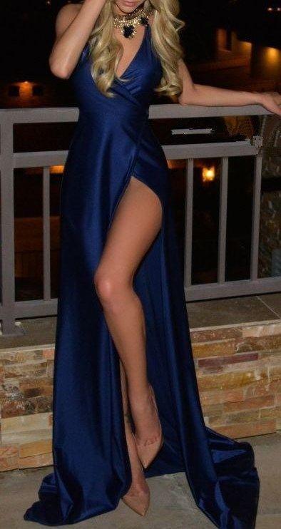 Royal Blue Long Cheap Slit Satin Deep V-Neck Sleeveless Floor-Length Prom Dresses WK830