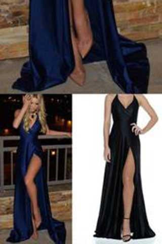 Royal Blue Long Cheap Slit Satin Deep V-Neck Sleeveless Floor-Length Prom Dresses WK830