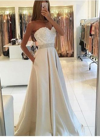 New Arrival Appliques Sleeveless Strapless Sweetheart Pockets A-Line Long Evening Dresses uk F911