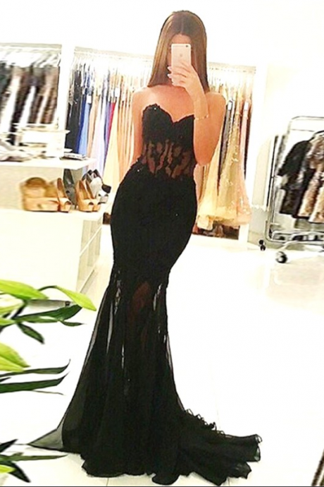 Mermaid Black Lace Strapless Sweetheart Prom Dresses Cheap Evening Dresses WK725