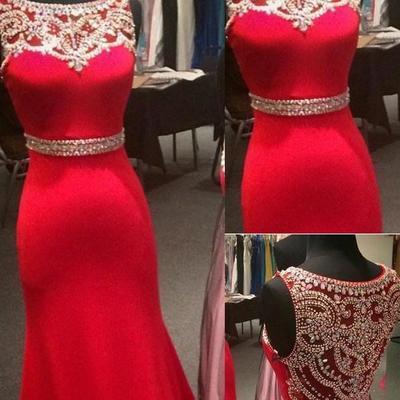 New Style Sparkle Red Beaded Bodice Long Lace Satin Mermaid Sexy Prom Dresses WK156