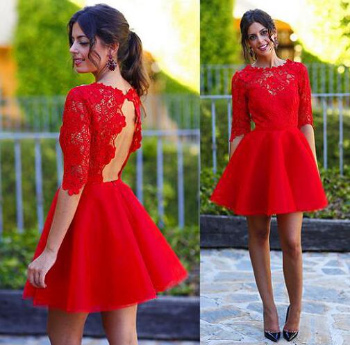Red Cocktail Dress Sexy Long sleeve Backless Lace homecoming Dress
