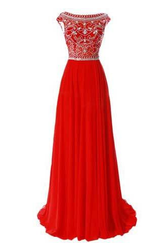 Red Long Chiffon Silver Beaded Chiffon Gown With Cap Sleeves Burgundy Prom Dresses WK766