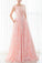 Pink lace round neck A-line long prom dresses for teens graduation dresses