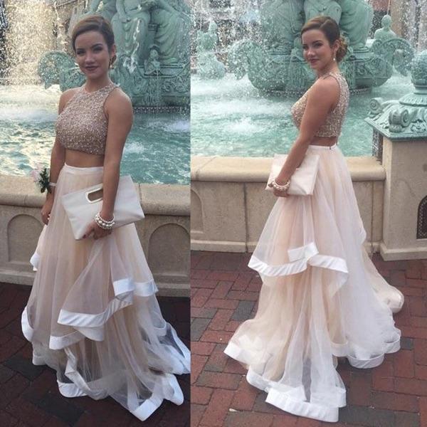 New Style Prom Dresses Sexy Champagne Prom Dress Two Piece High Neck Tulle Party Dresses WK144