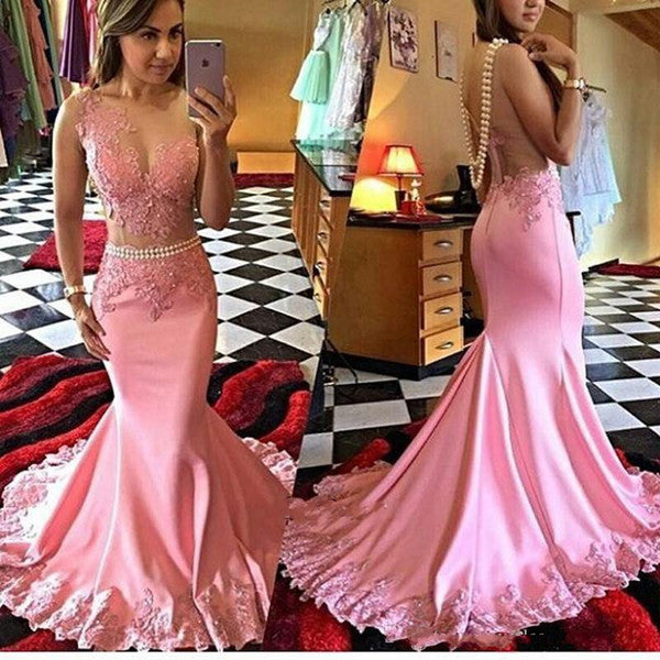 Pink Mermaid Long Illusion Bodice Applique Pearls Sheer Satin Sleeveless Prom Dresses WK36