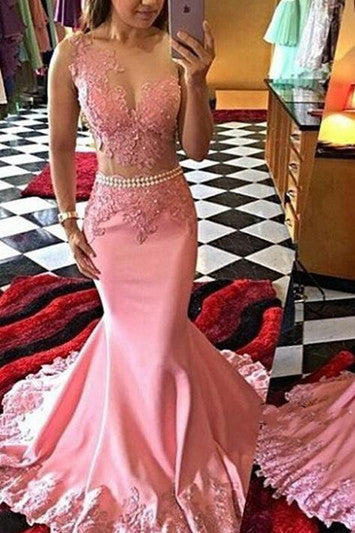 Pink Mermaid Long Illusion Bodice Applique Pearls Sheer Satin Sleeveless Prom Dresses WK36