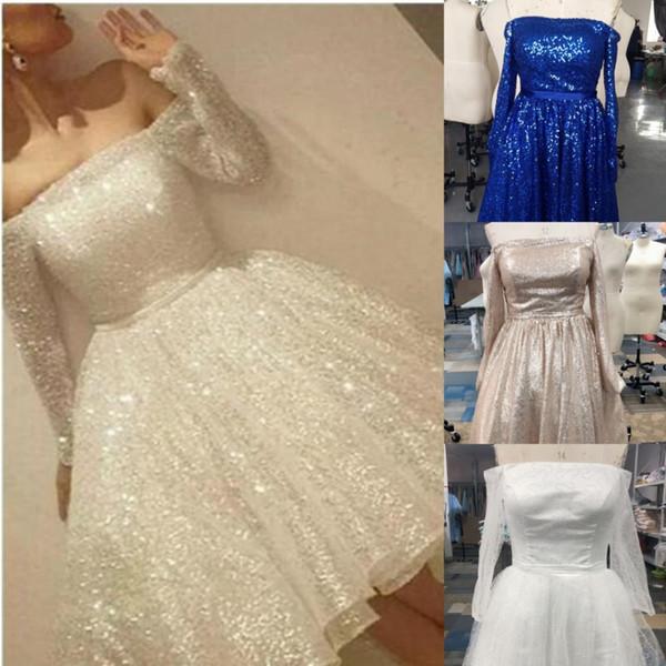 Noble Sparkle White Sequined Lace Prom Dress Sexy Off The Shoulder Long Sleeves Party Dress L86