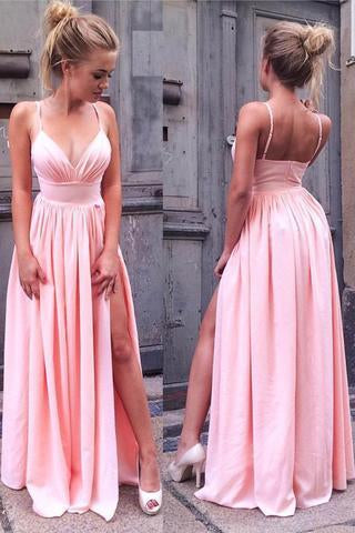 Pink Spaghetti Strap V Neck Simple Long Split Front Chiffon Evening Dress Prom Dresses WK557