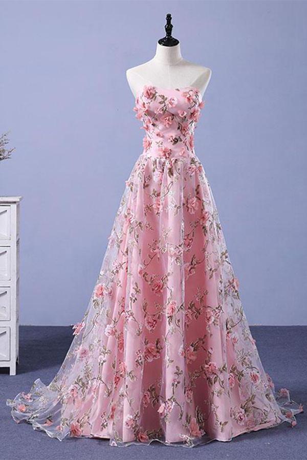 Pink A-line Sweetheart Strapless Sweep Train Floral Print Long Lace Prom Dresses with flowers WK524