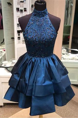 Pretty A-line High Neck Above-knee Beaded Dark Blue Backless Short Homecoming Dresses WK165
