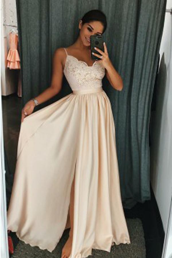 Pearl Pink Elastic Satin A-Line Spaghetti Straps Side Slit Prom Dress with Appliques WK650