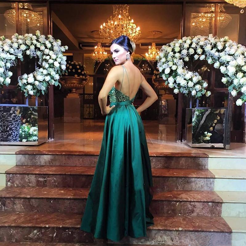 Luxury green satins deep V-neck sequins applique A-line long dress evening dresses