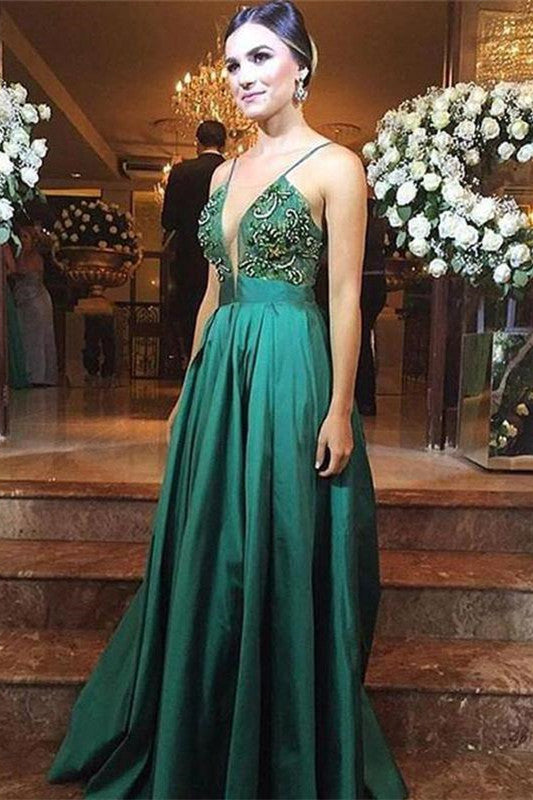 Luxury green satins deep V-neck sequins applique A-line long dress evening dresses
