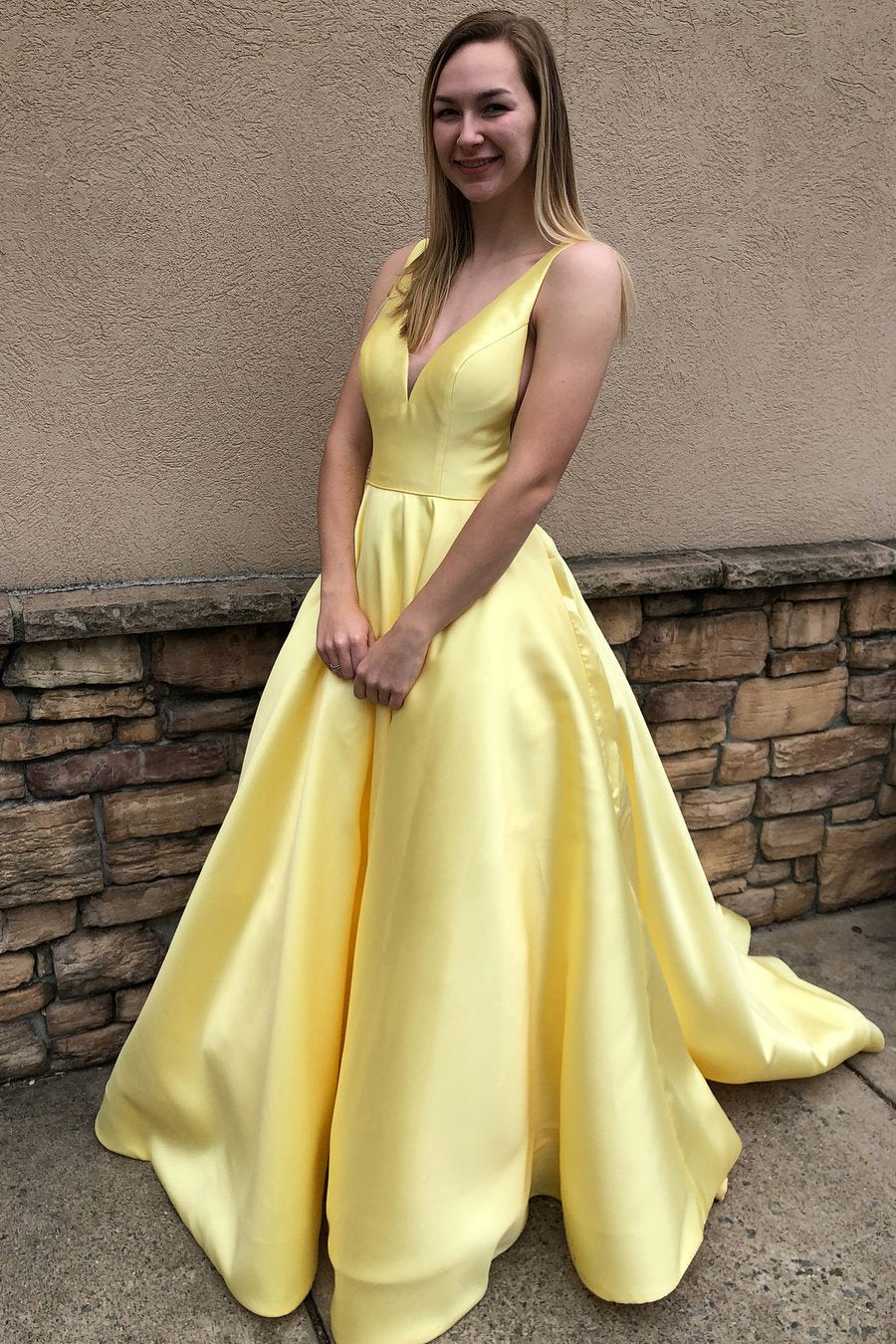 Princess A Line Deep V Neck Yellow Long Satin Backless Evening Dresses Prom Dresses WK962