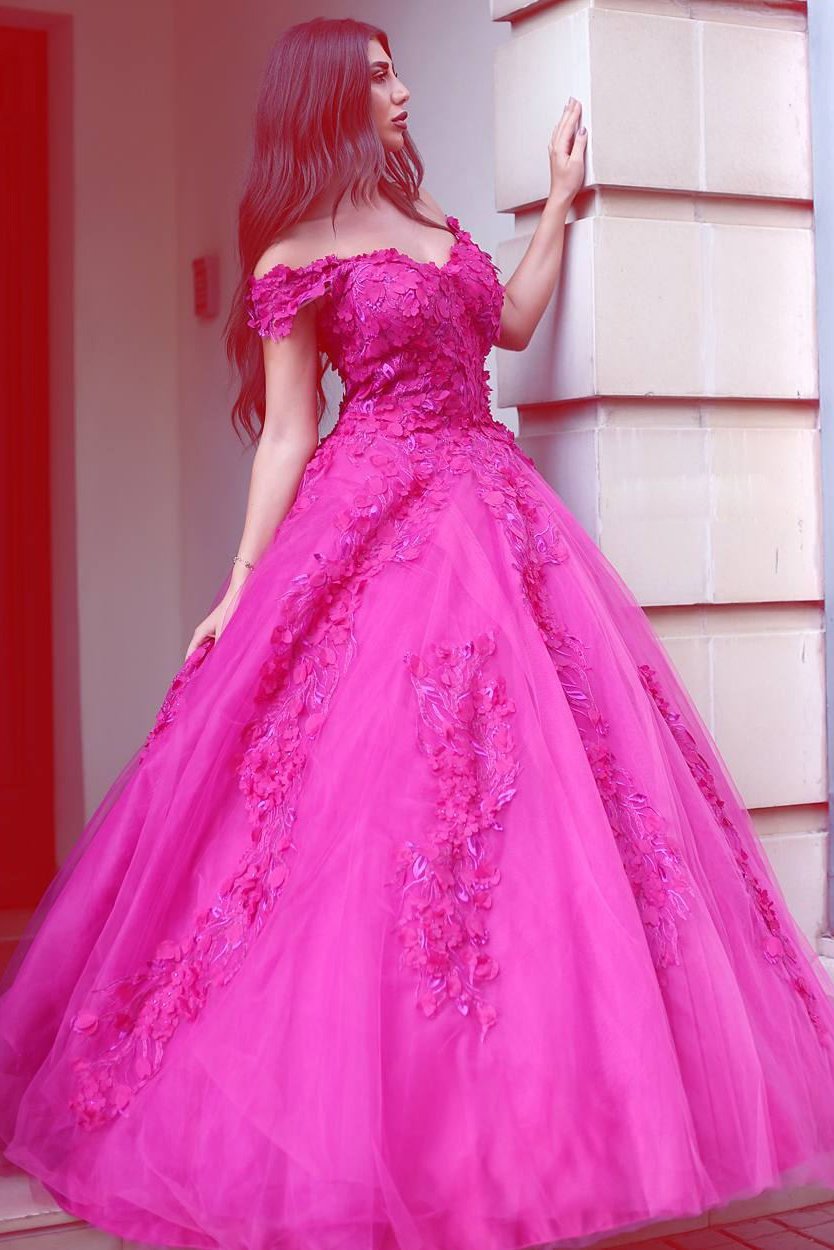 Princess Fuchsia Tulle Off-the-Shoulder Ball Gown Sweetheart Lace Appliques Prom Dresses WK262