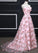 Pink A-line Sweetheart Strapless Sweep Train Floral Print Long Lace Prom Dresses with flowers WK524