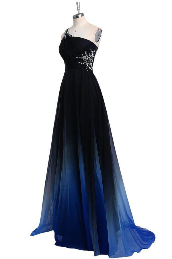 One Shoulder Blue and Black Chiffon A-Line Ombre Appliques Open Back Prom Dresses WK466