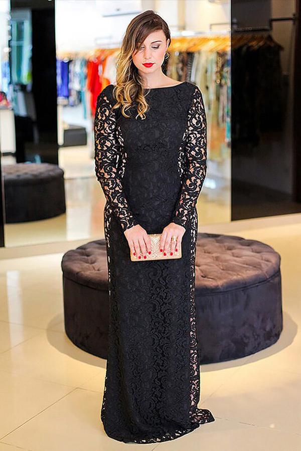 Sexy Black Mermaid Lace Long Sleeve High Neck Floor-Length Backless Plus Size Prom Dresses WK222