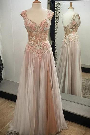 Noble A-line V-neck Tulle with Appliques Lace Sweetheart Open Back Long Prom Dresses WK81