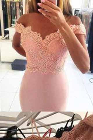 Off-the-Shoulder Mermaid Sexy Blush Pink Sweetheart Appliques Long Prom Dresses WK963
