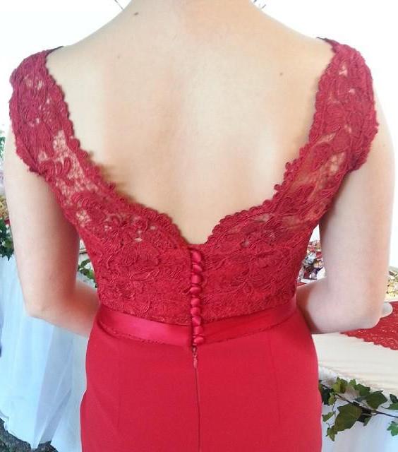 Red Button Backless Plus Size Mermaid Cap Sleeves V-neck Long Lace Bridesmaid Dresses WK802