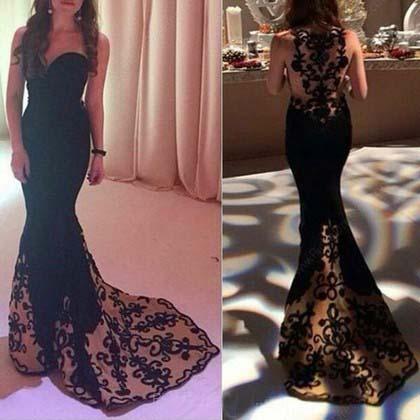 Mermaid Sweetheart Sweep Train Tulle Satin Black with Appliques Lace Prom Dresses WK625