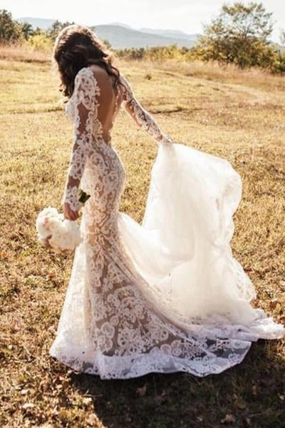 Romantic Long Appliques Backless Lace Mermaid Ivory Long Sleeve Wedding Dresses WK294
