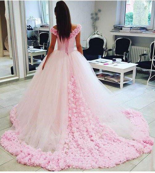 Pink Long Sleeveless Flowers Off the Shoulder Lace up Tulle Ball Gown Wedding Dresses WK369
