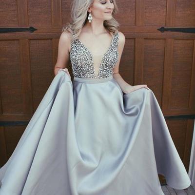 Sexy Elegant Sparkly Beads Top A-line Open Back V-Neck Stretch Satin Prom Dresses WK408