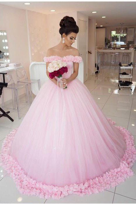 Pink Long Sleeveless Flowers Off the Shoulder Lace up Tulle Ball Gown Wedding Dresses WK369