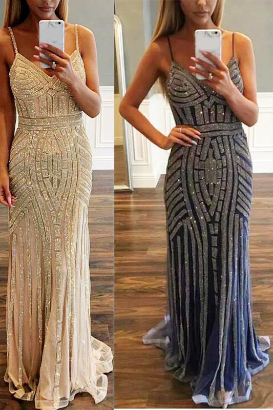 Luxurious Mermaid Spaghetti Straps V-Neck Sparkly Open Back Prom Dress Party Dress WK467