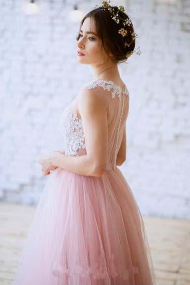 New Arrival Princess Scoop Neck Tulle with Appliques Lace Floor-length Pink Prom Dresses WK630